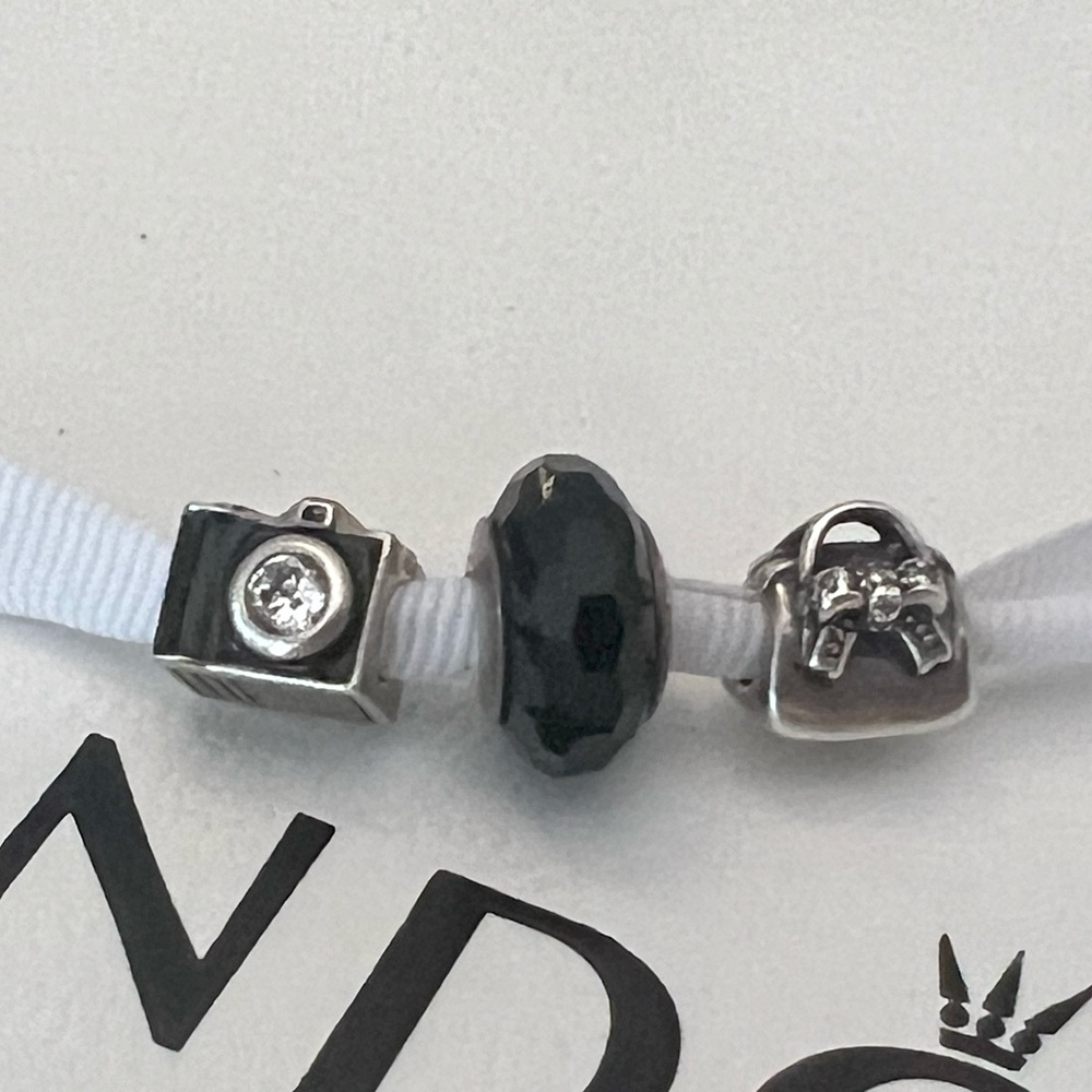 PANDORA Set of Charms (3): “Sparkling Handbag”, “Black Murano”, “Vintage Camera”